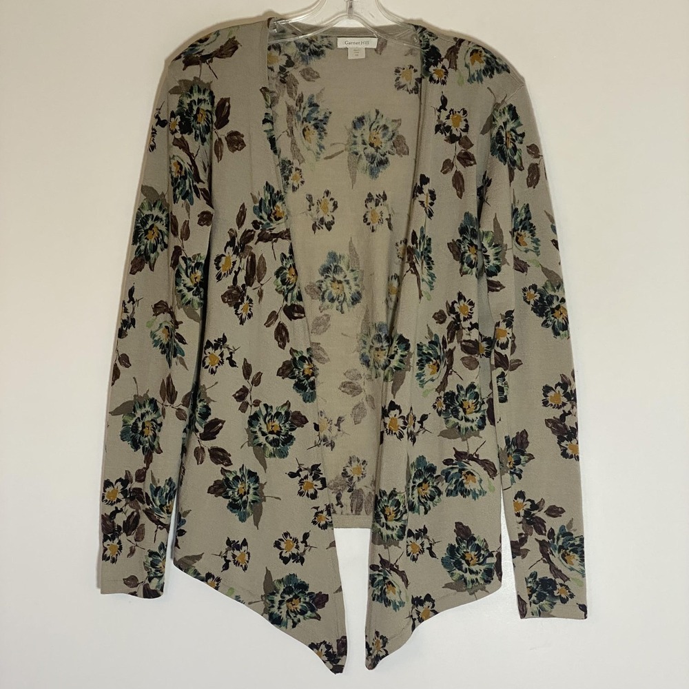 Garnet Hill Cardigan Sweater Womens XS Beige Merino Wool Floral Open Front Boho